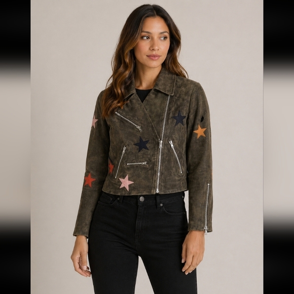 Olivaceous Jackets & Blazers - OLIVACEOUS Small Moto Fuax Suede Star Zipper Pockets Detail Jacket